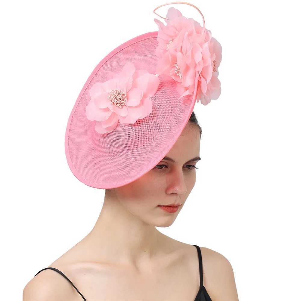 Chapéus de aba larga Chapéus de balde Mulheres fantasia Big Derby Hat Millinery Fascinators com Flores Chapéus Acessórios Ladies Cabeça da cabeça Moda Fedora Y240426