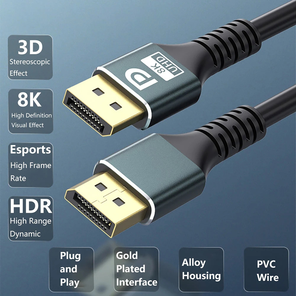 DisplayPort 1.4 Kabel 8K DP -kabel 60Hz Hög hastighet HDR Video Audio Cables för HD TV -bärbar datorprojektor Monitor PS4 PS5