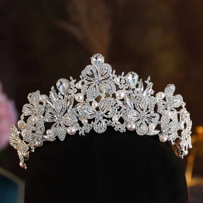 Tiaras Nuevo llegada de Luxury Pearl Crystal Tiara para mujeres Fiesta de chicas de boda Elegante regalo de mariposa Corona Accesorios de vestimenta