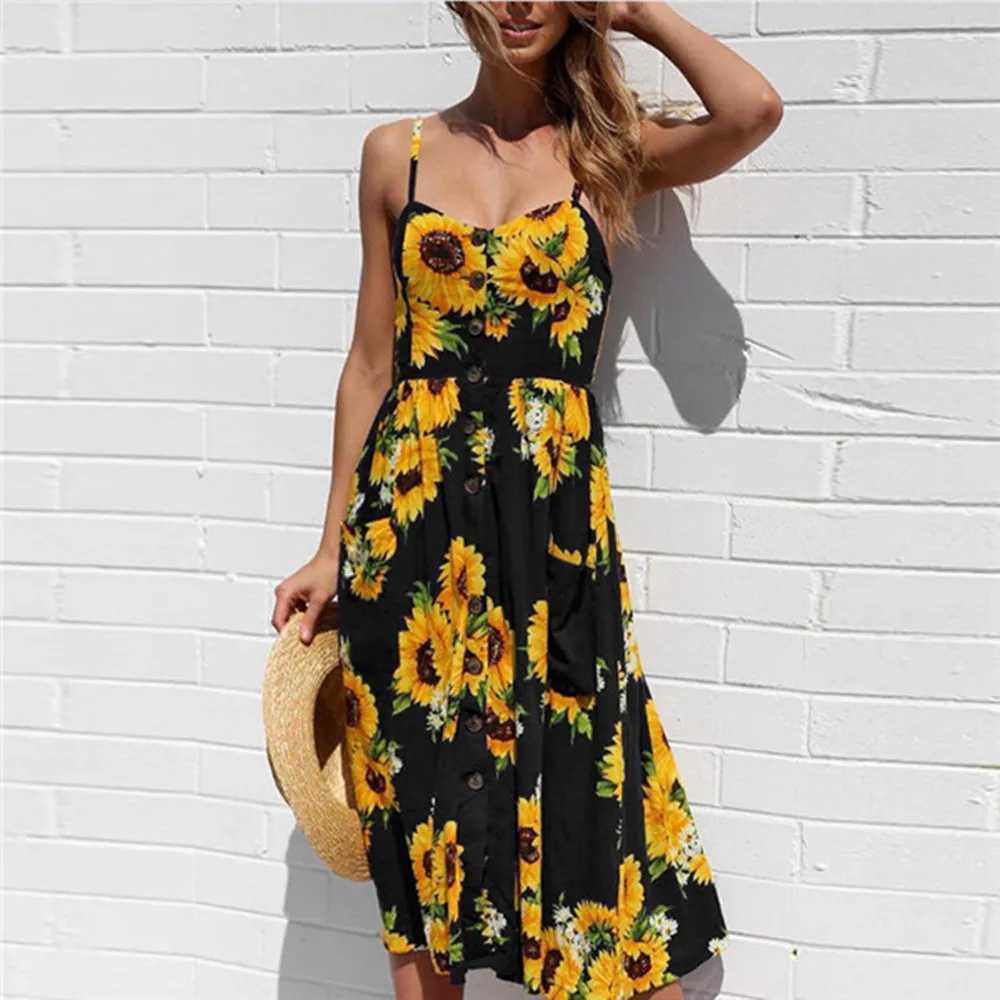 Grundläggande avslappnade klänningar damer retro solklänning sommaren 2024 Boho sexig midi klänningsknapp backless solros blommig fickband strand kvinnliga klänningar kläder y240429