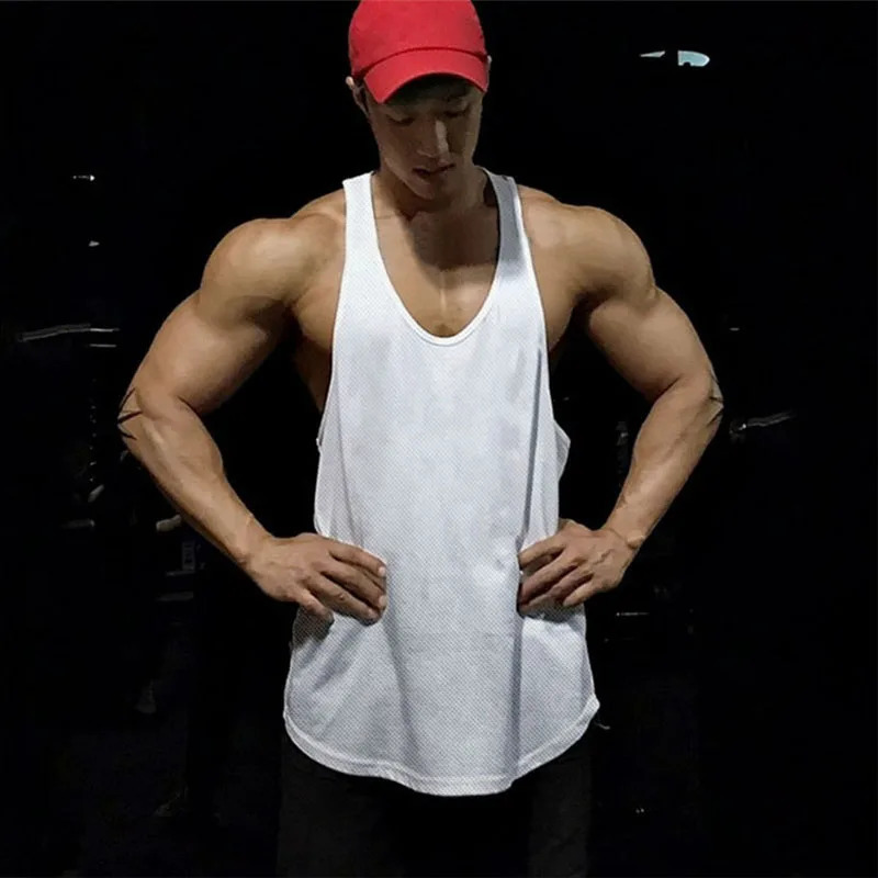 Merk heren mesh fitness kleding gym stringer tanktop mannen bodybuilding vest workout singlets running mouwloos shirt 240411