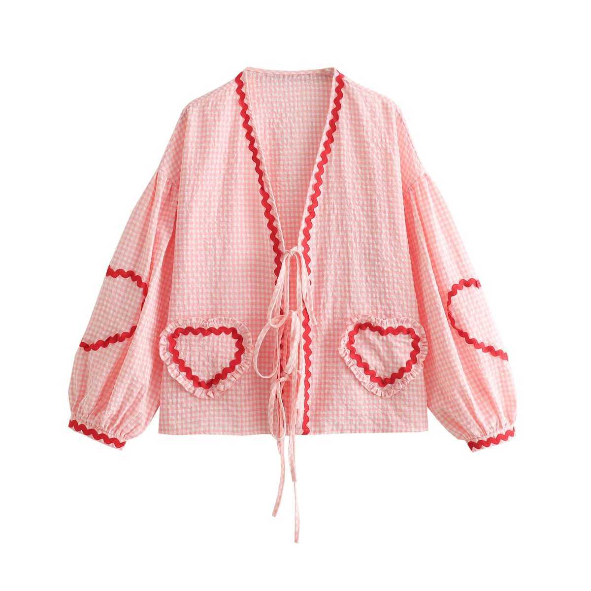 Frauenpolos Retro Womens Loose Heart Bag Shirt 2024 Mode Womens Casual V-Ausschnitt Bow Womens Wearl2405