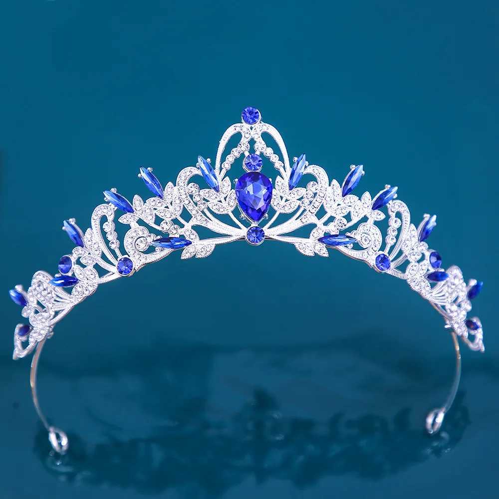 Tiaras Korean Girls Silver Color Metal Zielony Blue Crystal Tiara Crown For Women Wedding Party Bridal Bride Cornestone Crown