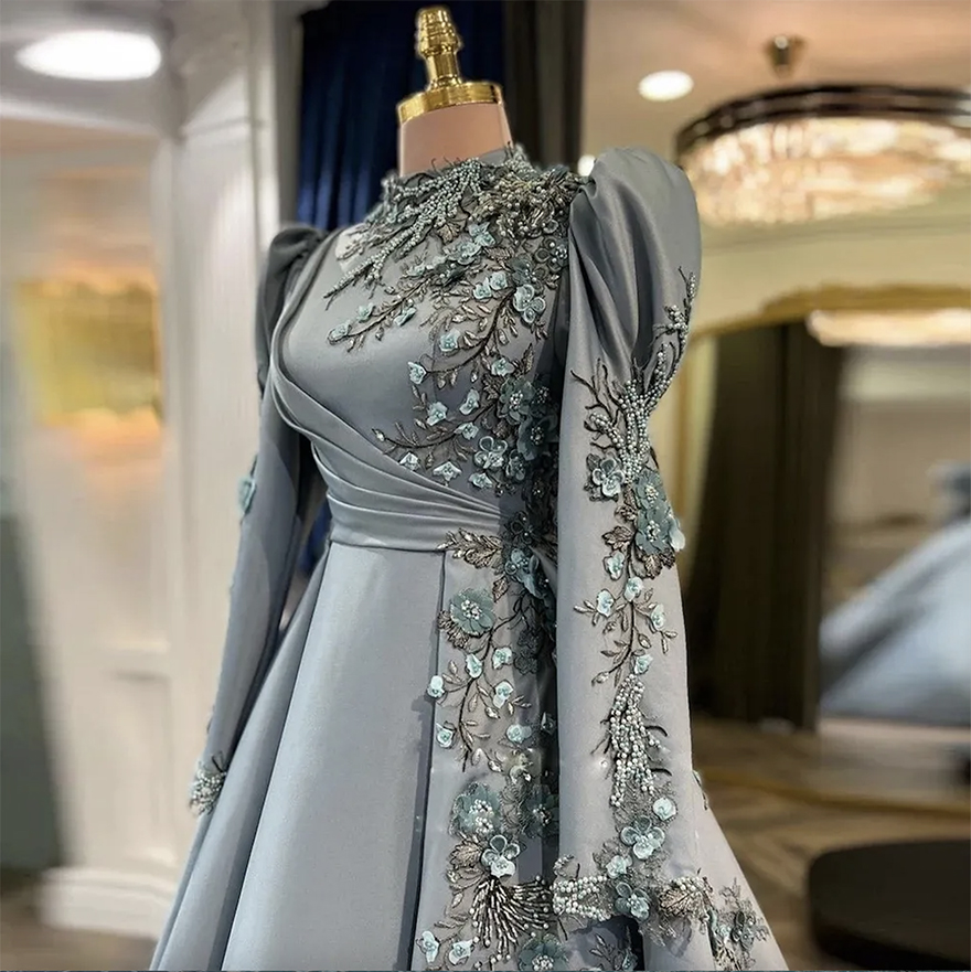 Flores 3D requintadas Mullim Mulheres Vestidos de noite Apliques pérolas Dubai caftan vestido formal para noivado Ruched Islam vestido