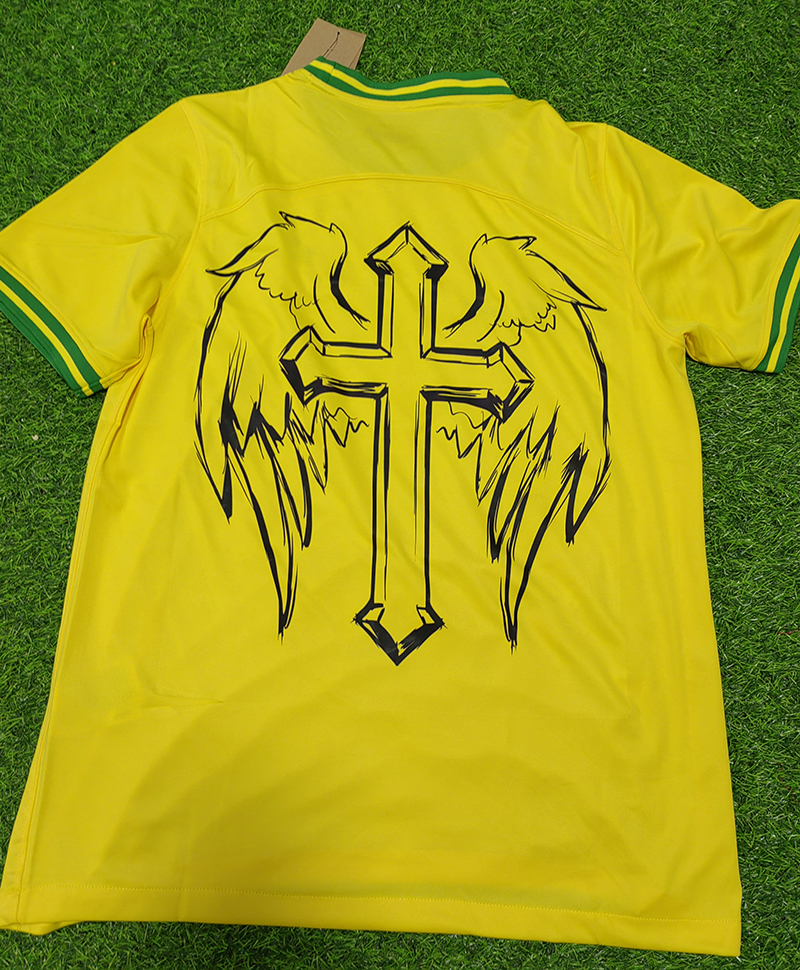 Brazilië Jesus Christ Soccer Jerseys Neymar Angel Cross Angel Cupideprint Man Vlieg Wings Angel Boy Archery Geel Zwart voetbaluniform Custom