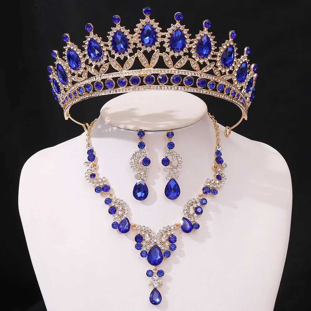 Tiaras nuziale nuziale principessa corona principessa goccia d'acqua verde blu verde cristallo crastro crase orecchini nuovi set di gioielli