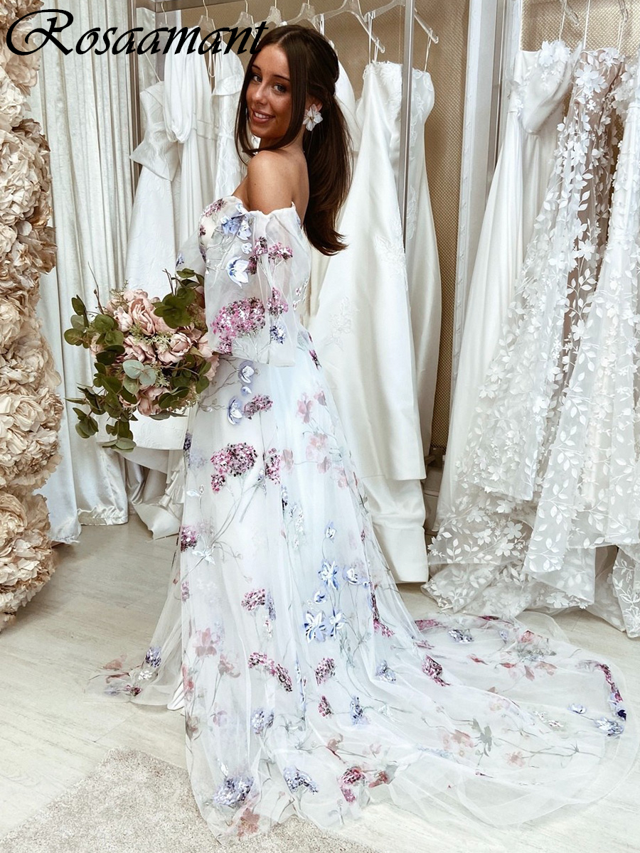 Abiti da sposa a maniche lunghe con stampa floreale da abiti da sposa spunti davanti alla spalla Robe de Mariee