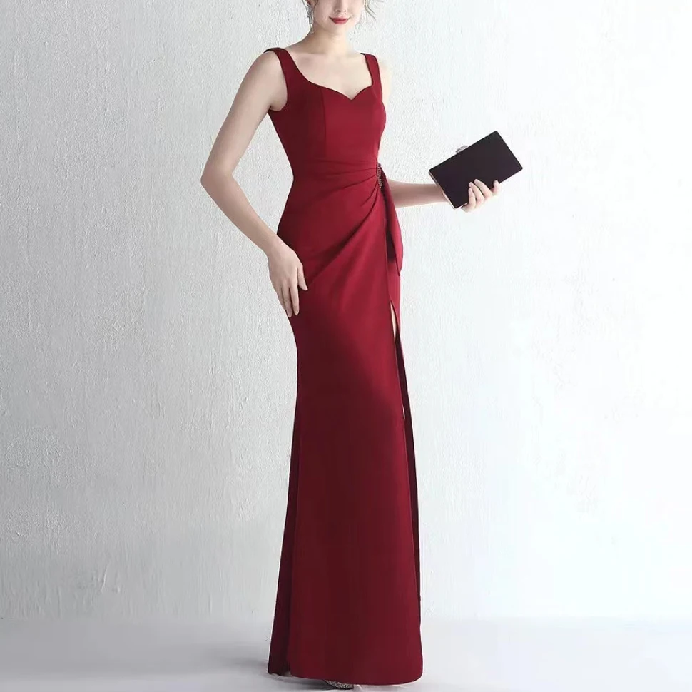 Fashion Long Burgundy Square Collar Spandex Evening Dresses Sleeveless with Slit Mermaid Floor Length Party Gowns