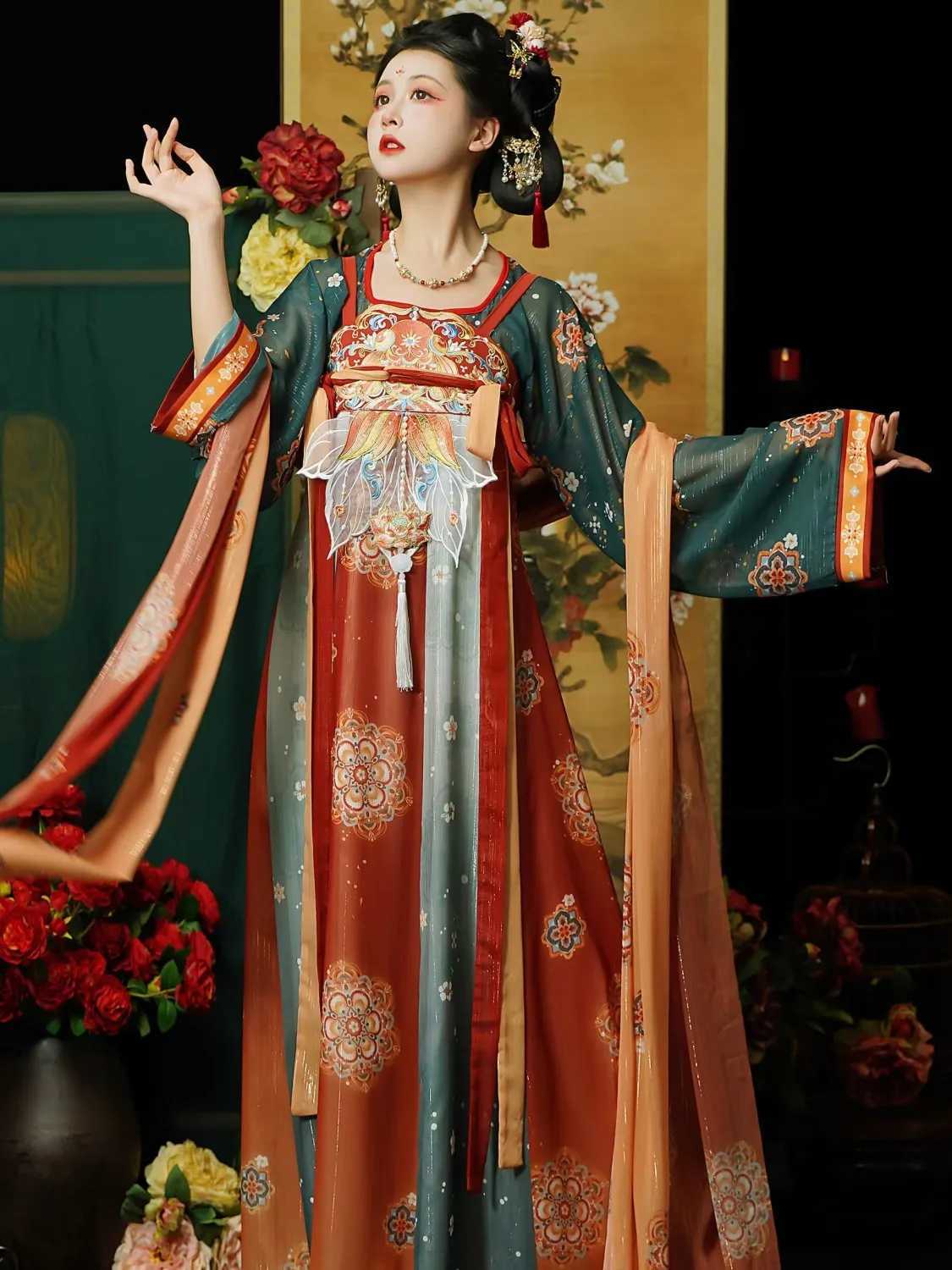 Roupas étnicas Red Bordado Hanfu Tradicional estilo chinês verão Verde camisa de manga grande diariamente Play Performance feminino