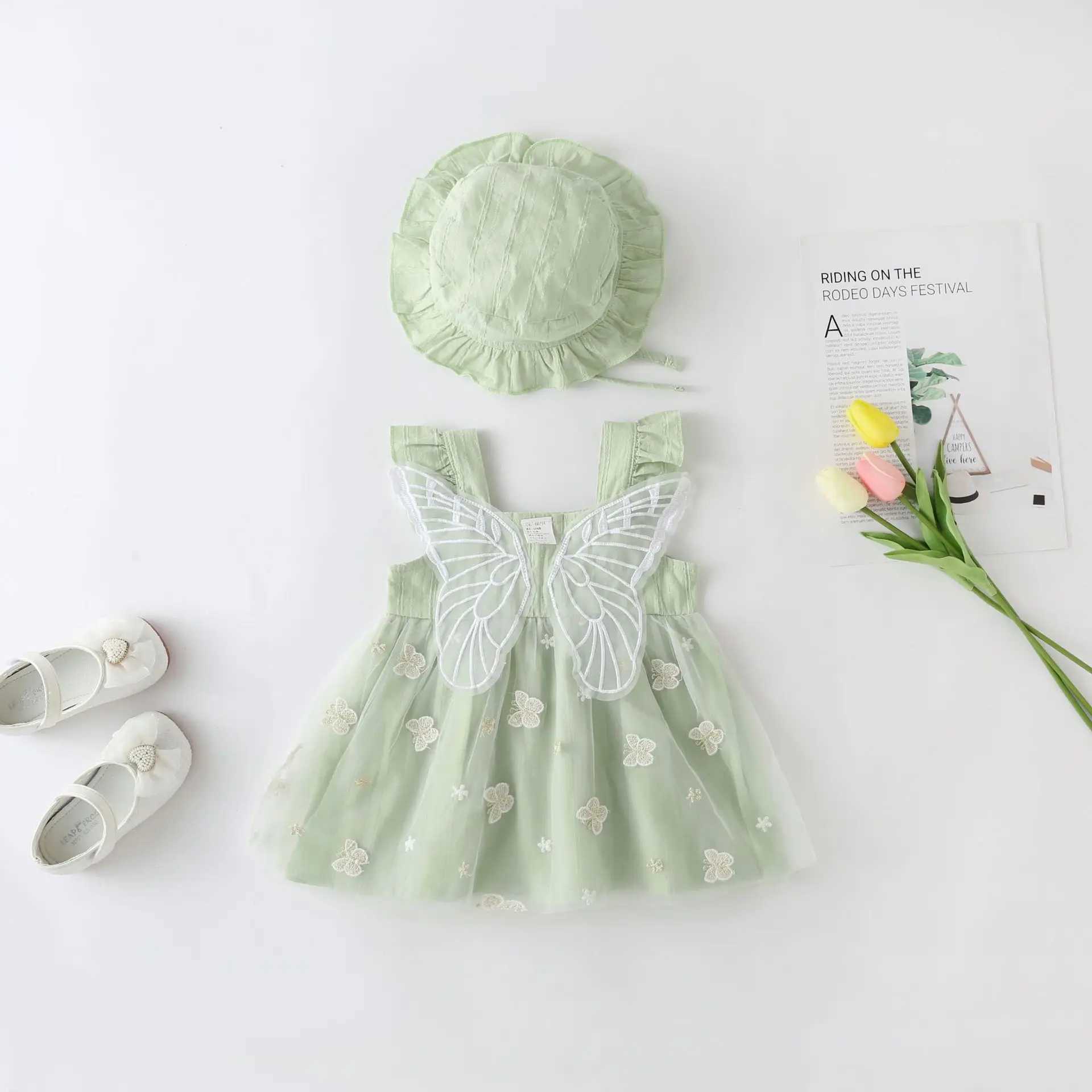 Flickas klänningar 2stsommar nyfödda spädbarn småbarn flickor spetsklänning sol hatt kläder baby flickor kläder fjäril