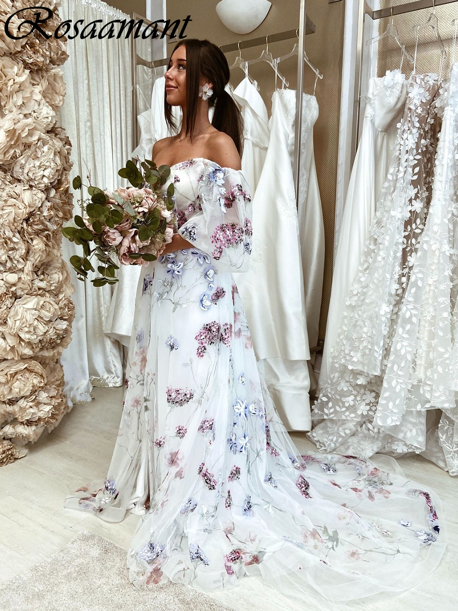 Abiti da sposa a maniche lunghe con stampa floreale da abiti da sposa spunti davanti alla spalla Robe de Mariee