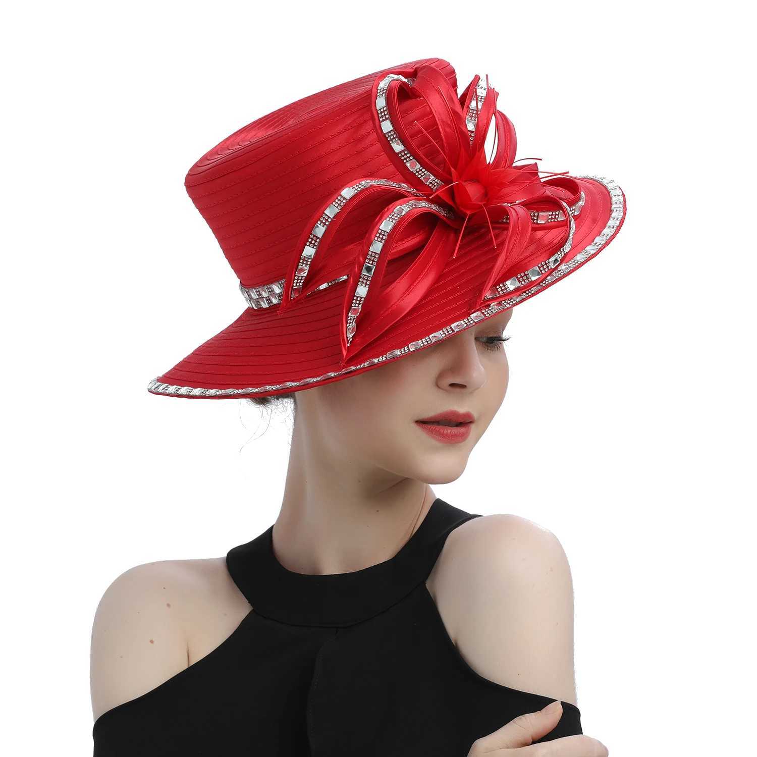 Breite Krempe Hüte Bucket Hats Atleisur Red Satin Cloth Hut Elegante Fotografie Hüte Kette Mode formelle Hut Maskerade Blume Hochzeit Top Hut für Damen Y240426