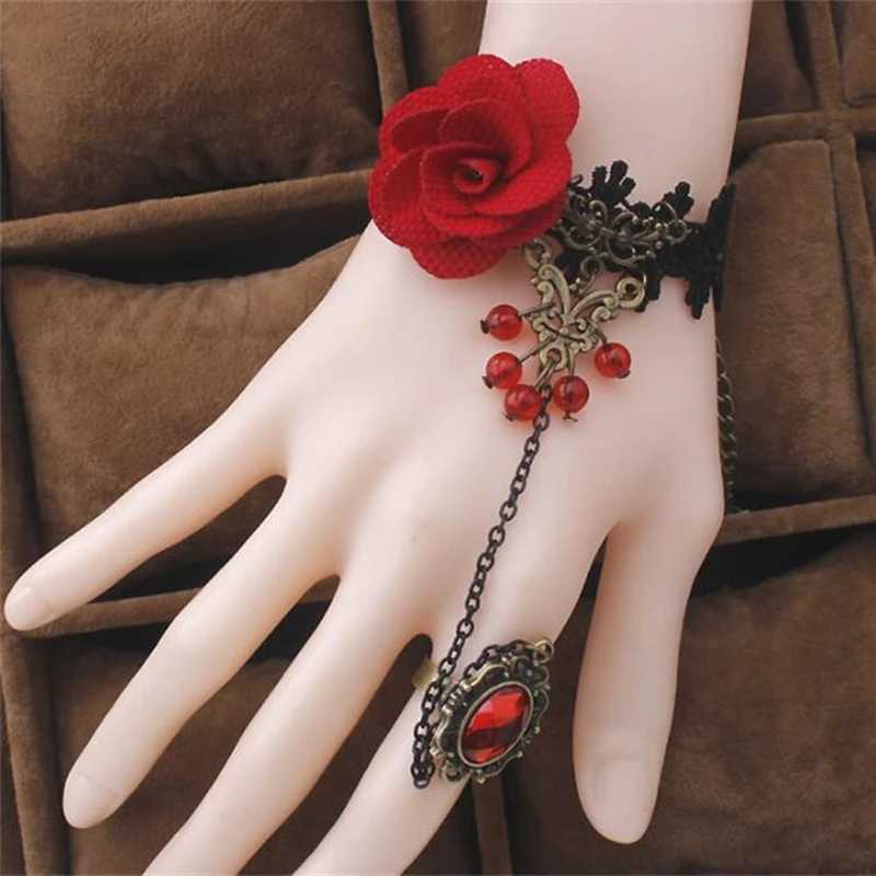 Chain Vintage Rose Bracelets Gothic Style Crystal Lace Bracelet With Ring Black Cosplay Costume Prop Ladies Bangles Jewelry Gift