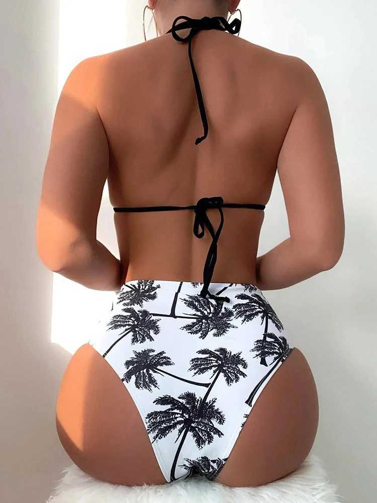 Swimwear féminin Chisalis 2024 Sexy Palm Tr Print Cross Bikinis Set Womenntwo-Spied High Wistan Sweins Summer Beach Swimwear Bathing Full Y240429