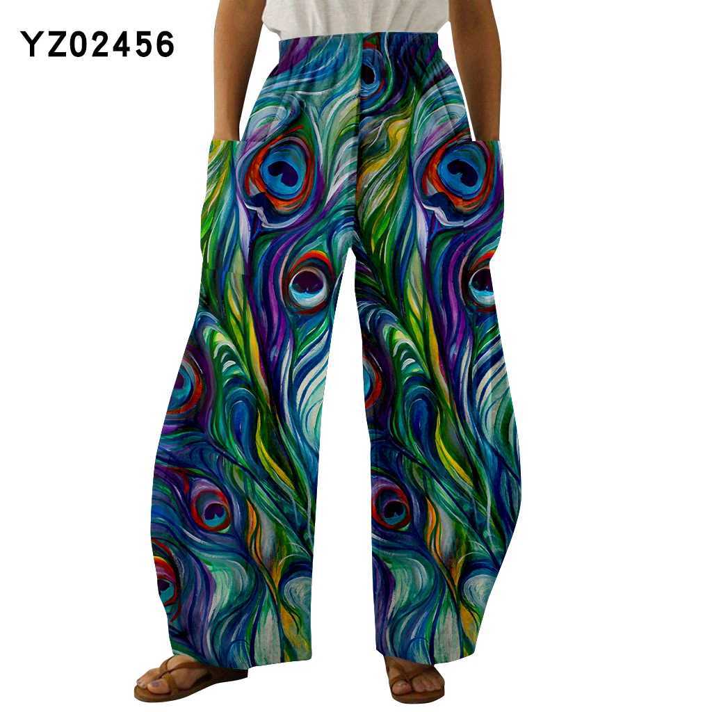 Women's Pants Capris Peacock Feather Wide Leg Pants 3D Print Fashion Summer Strtwear Sweatpants Women Clothing Chic Pocket Loose Trouser Elegant Y240429