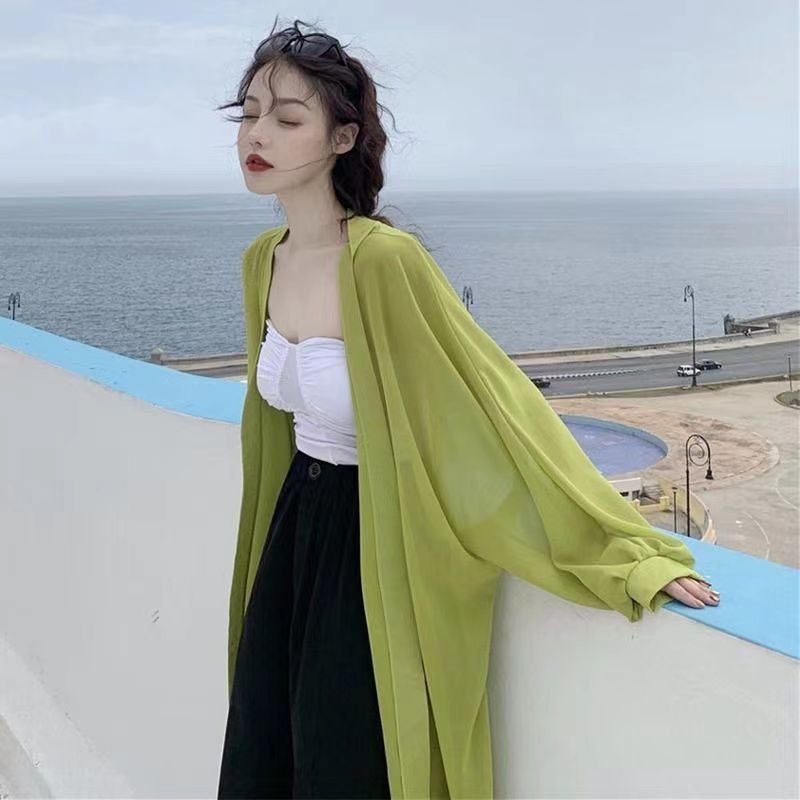 Knee-length Sunscreen Cardigan Women Summer New Arrived Loose Solid Color V-neck Long Sleeve Thin Chiffon Tops Korean Style Fashion Versatile Long Outwear Female