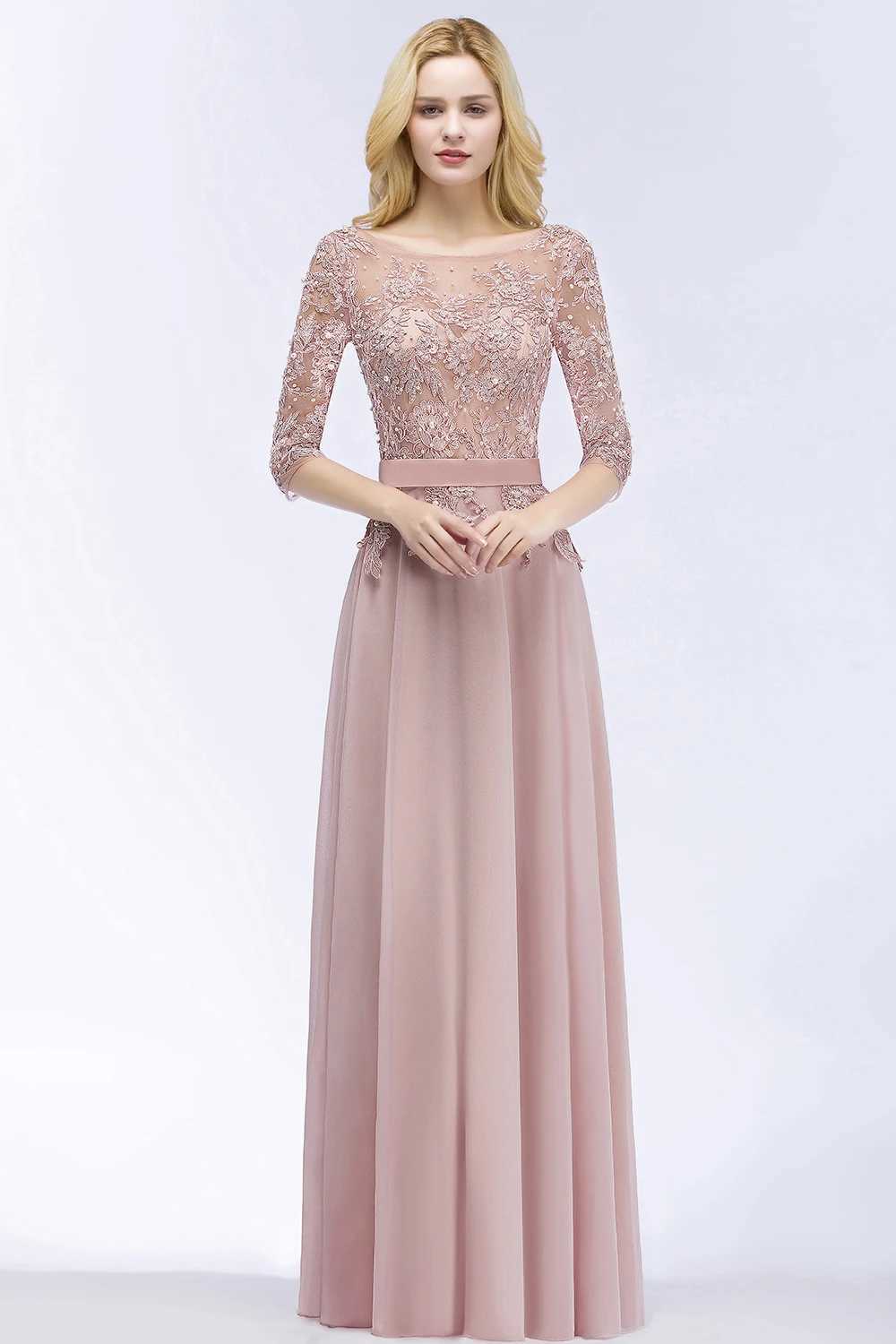 Runway -jurken bescheiden Long Dusty Rose Evening Jurken Chiffon Appliques 3/4 Slves Banquet Formele gelegenheid Party PROMOUDS ROBE DE SOIR Y240426