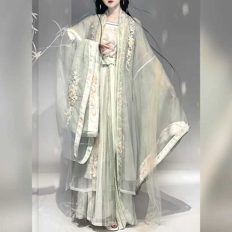Etniska kläder Grön broderad Hanfu kinesisk traditionell stil sommarsångstil stor ärmskjorta veckad gradient Womens klänning