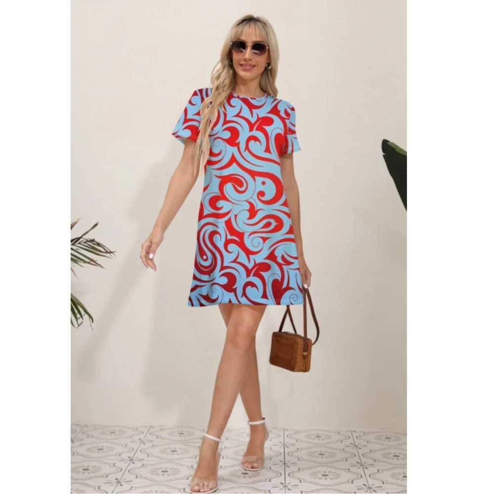 Basic Casual Kleider elegante kurze Slve Plissee Swing Rund Hals Retro Muster drucken losen Kleid Frauen lässig Mini Beach T -Shirt Kleid Vestidos Y240429