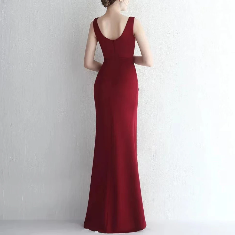 Fashion Long Burgundy Square Collar Spandex Evening Dresses Sleeveless with Slit Mermaid Floor Length Party Gowns