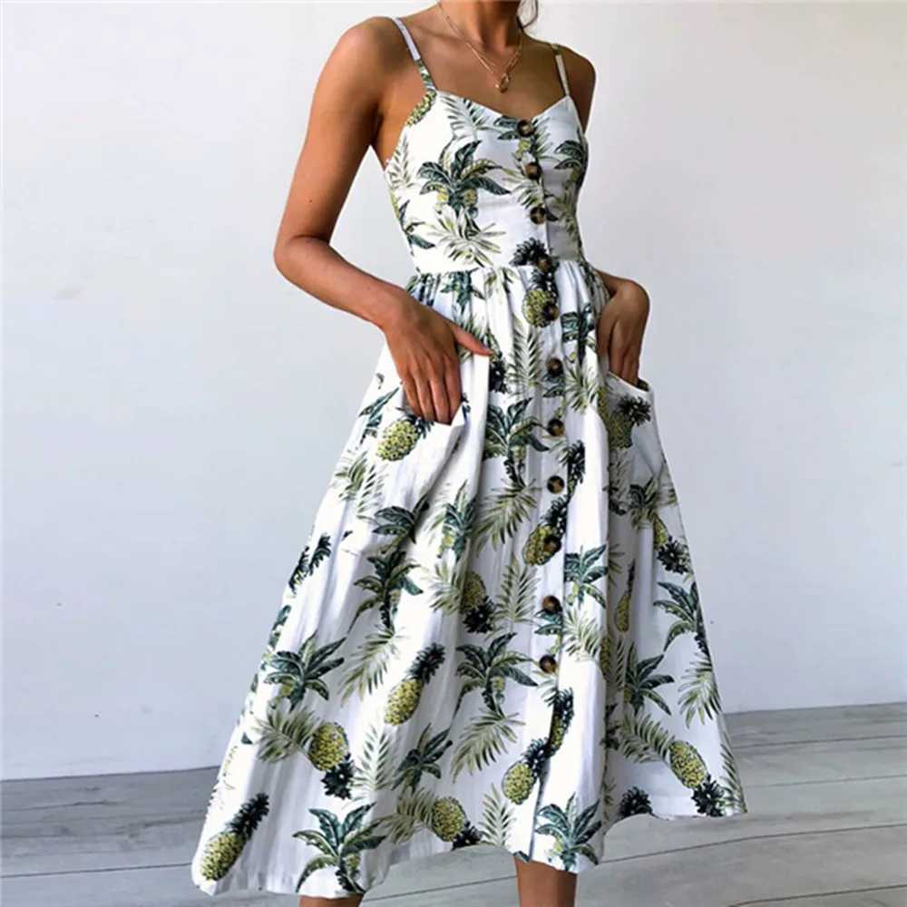 Basic Casual Dresses 2024 summer strap midi dresses women frond leaf print button pockets v neck holiday Vintage beach a line party dress robes Y240429