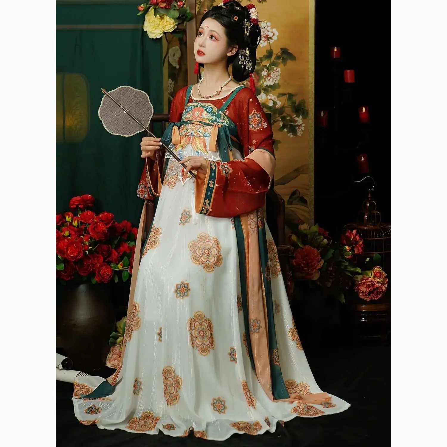 Roupas étnicas Red Bordado Hanfu Tradicional estilo chinês verão Verde camisa de manga grande diariamente Play Performance feminino