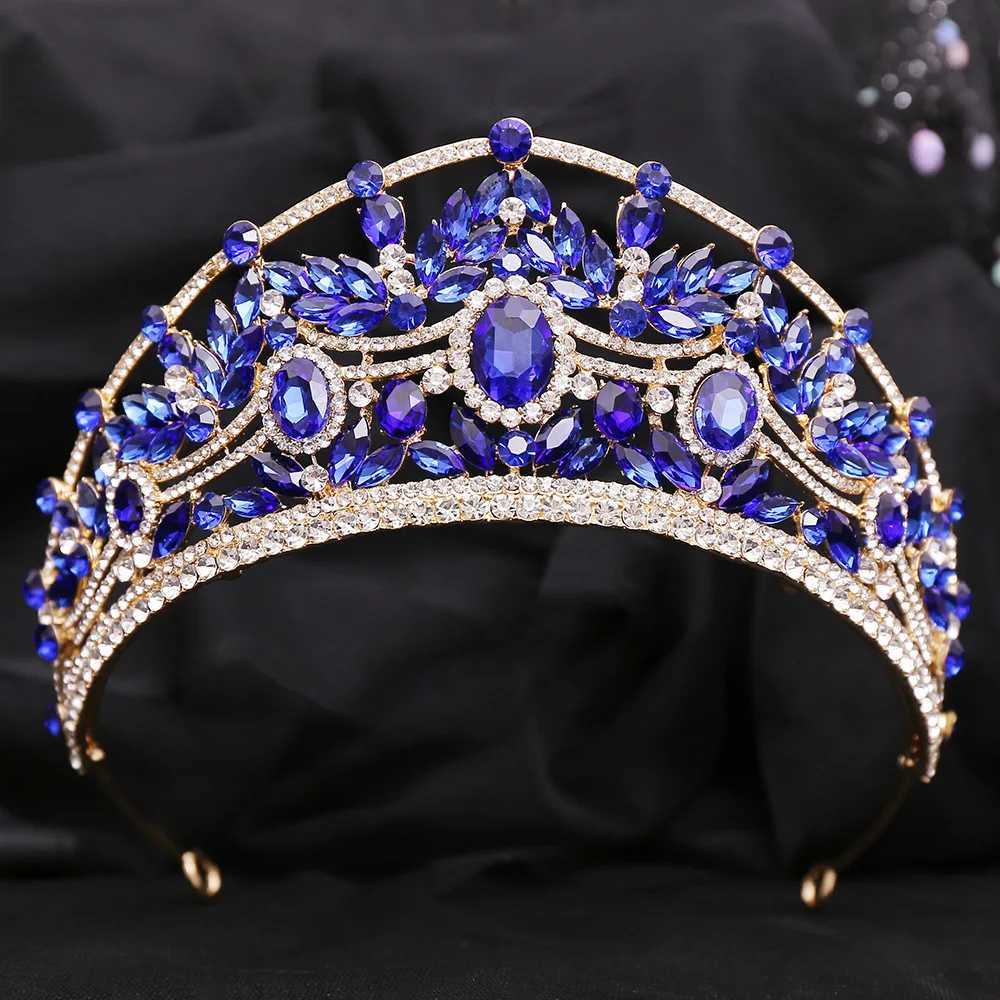 Tiaras Elegant Red Crystal Tiara for Women Wedding Party Robe Luxury Fashion Queen Bridal Bride Blue Rhinestone Crown