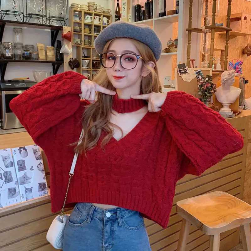 Women's Sweaters Neoe Winter Twist Pull Sweater Womens Knitted Long sleeved V-neck Crop Sweater Top Korean Y2K Sling Jumper Pull WomensL2404