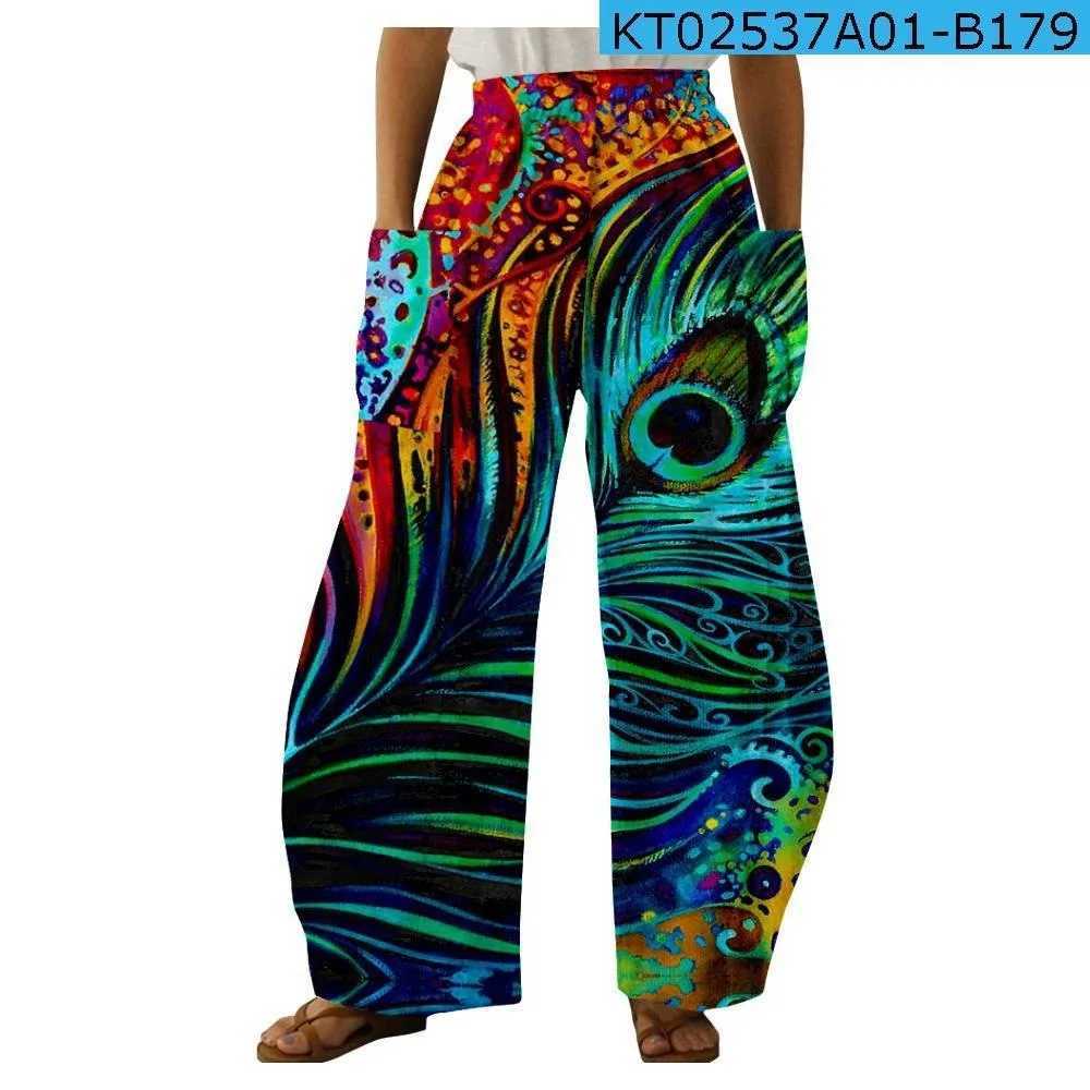 Women's Pants Capris Peacock Feather Wide Leg Pants 3D Print Fashion Summer Strtwear Sweatpants Women Clothing Chic Pocket Loose Trouser Elegant Y240429