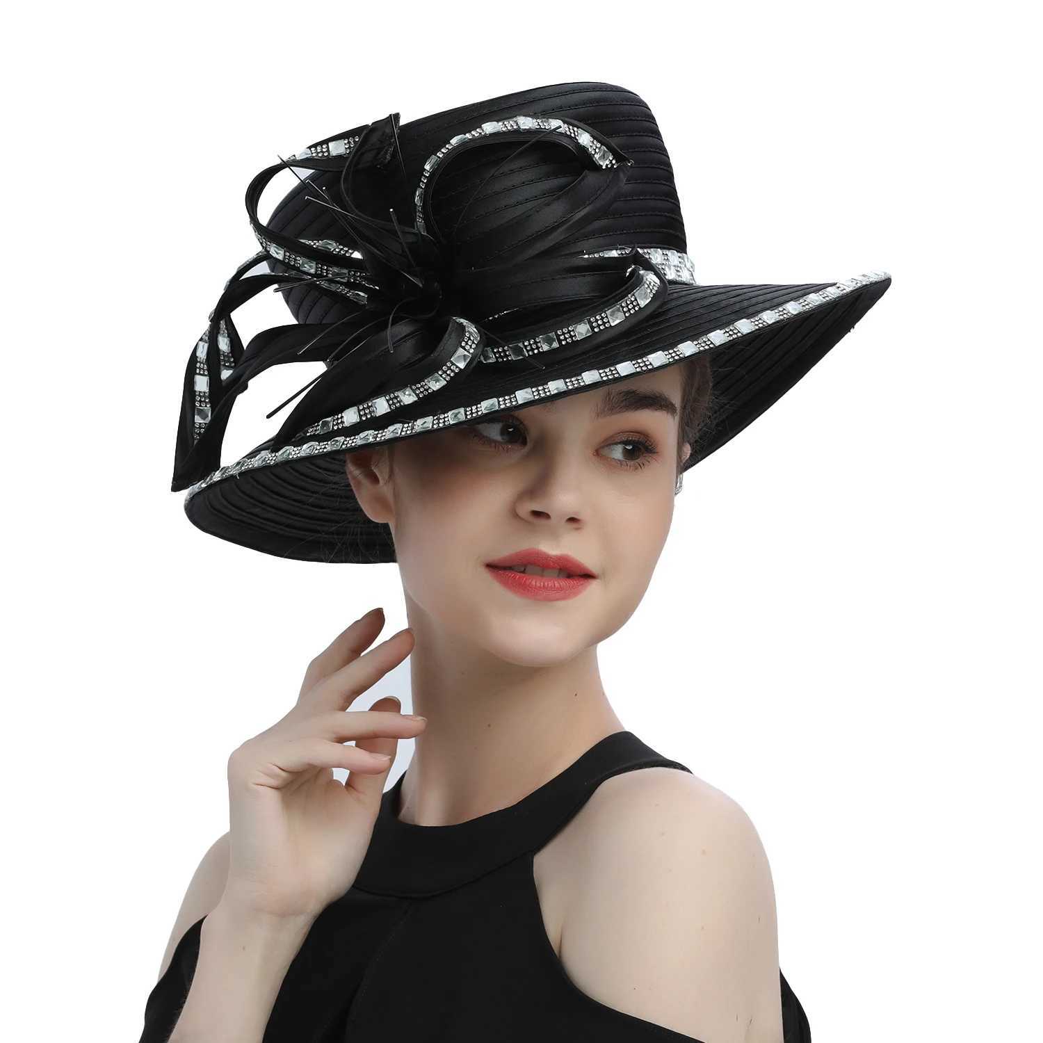 Sombreros de borde anchos sombreros de cubo premium fantasía de tela de satén negra sombrero de fotografía formal de fotografía cadenas de topas de boda de flores de moda para mujeres damas niñas y240426