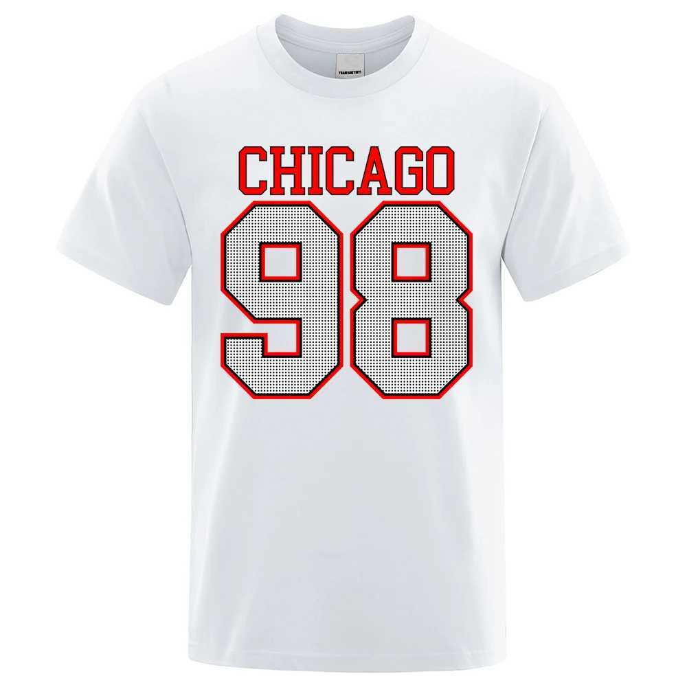 Camisetas masculinas Chicago 98 Strt City Letter Designer Tops Men Vintage T-shirt Algodão Summer Algodão T-shirts Man Crewneck T-shirts Y240429