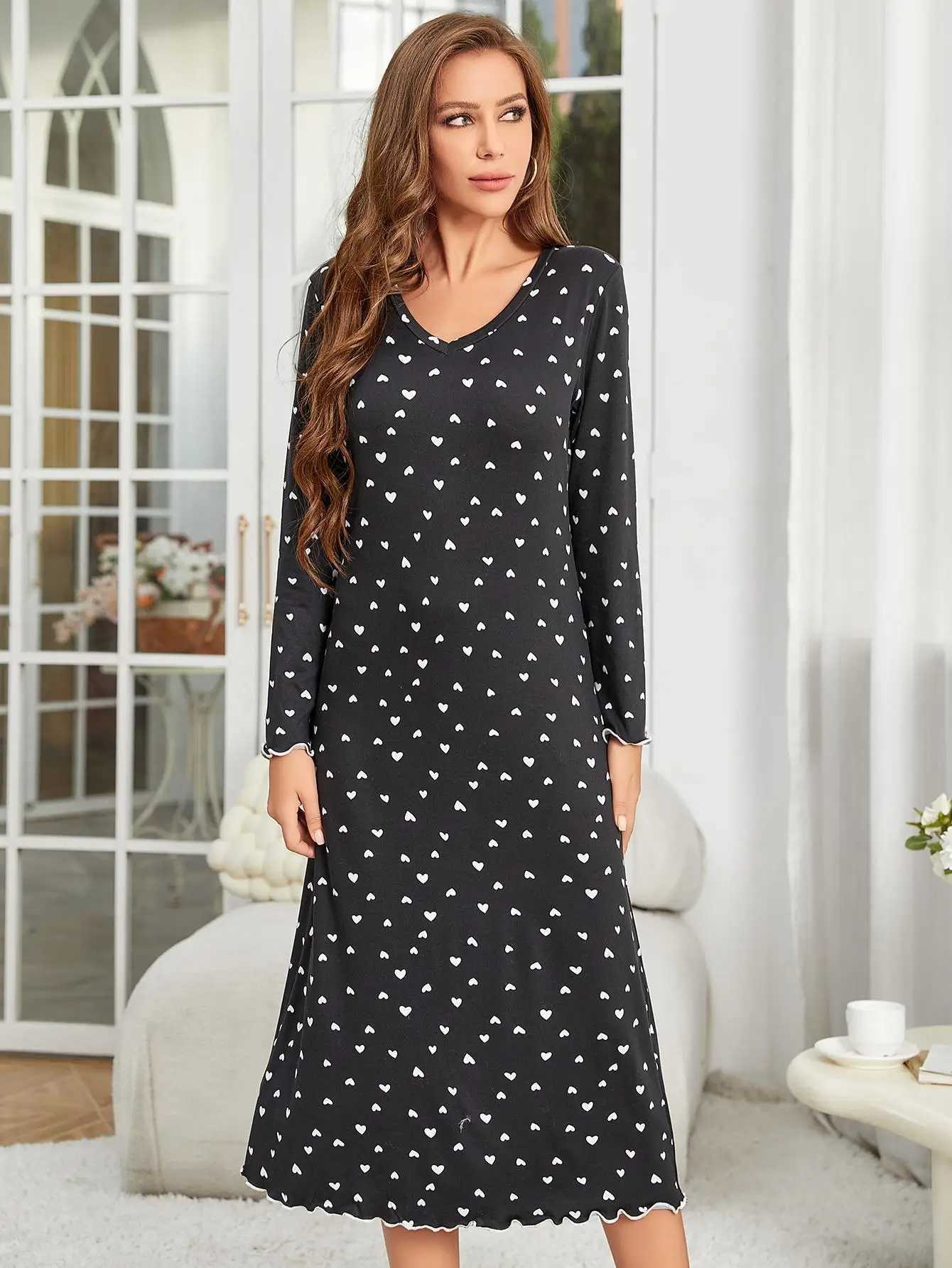 Women's Sleepwear Heart Print Women Nightgown V Neck Long Slves Slpwear Ruffle Hem Fall Female Nightwear Homwear Clothing Pajama Dress Y240426