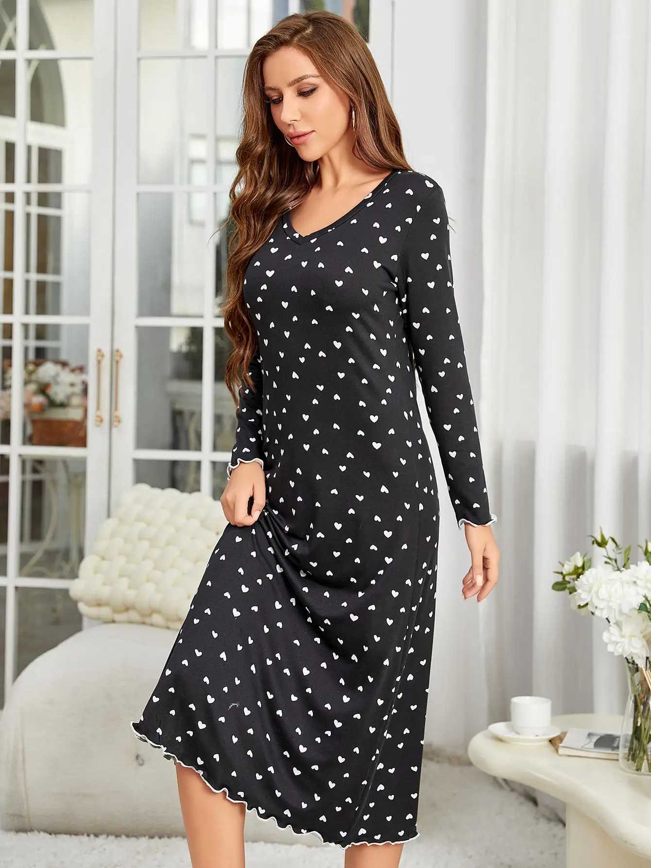 Women's Sleepwear Heart Print Women Nightgown V Neck Long Slves Slpwear Ruffle Hem Fall Female Nightwear Homwear Clothing Pajama Dress Y240426