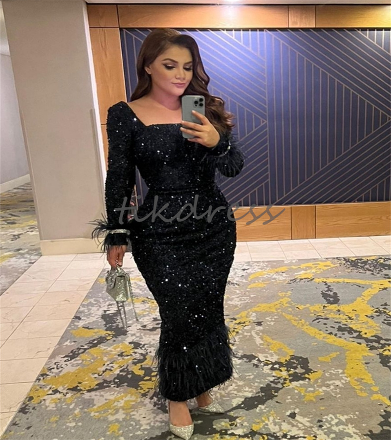 Sparkly Sequin Black Prom Dresses With Feather Square Neck Long Sleeve Bling Midi Short Evening Dress Elegant Formal Dinner Birthday Wear Cocktail Party Gowns 2024