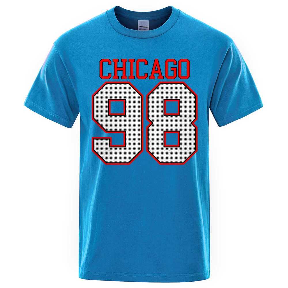 Camisetas masculinas Chicago 98 Strt City Letter Designer Tops Men Vintage T-shirt Algodão Summer Algodão T-shirts Man Crewneck T-shirts Y240429