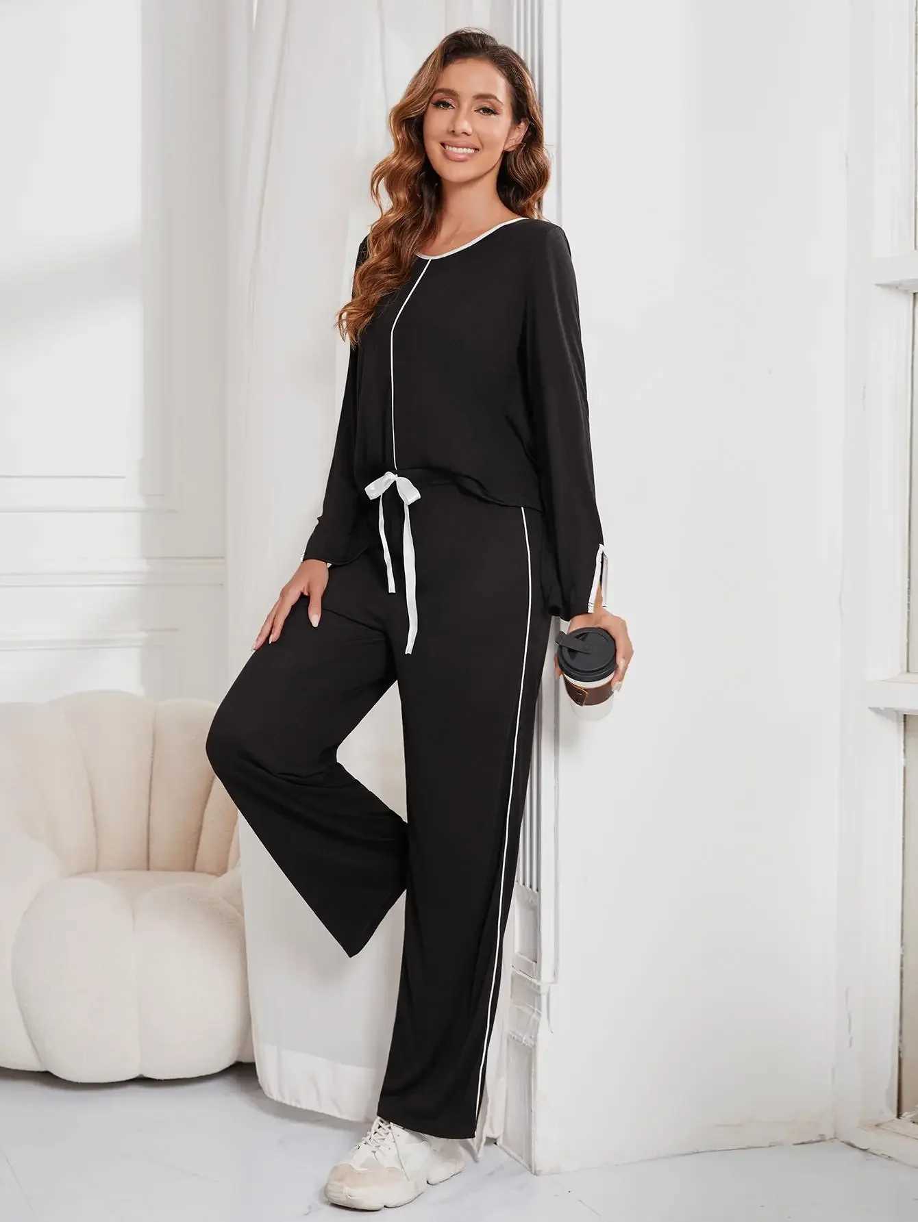 Vêtements de sommeil pour femmes solides de pyjama sets à vis à vis longs slves divisés top pantalon complet slpwear féminin 2 pièces