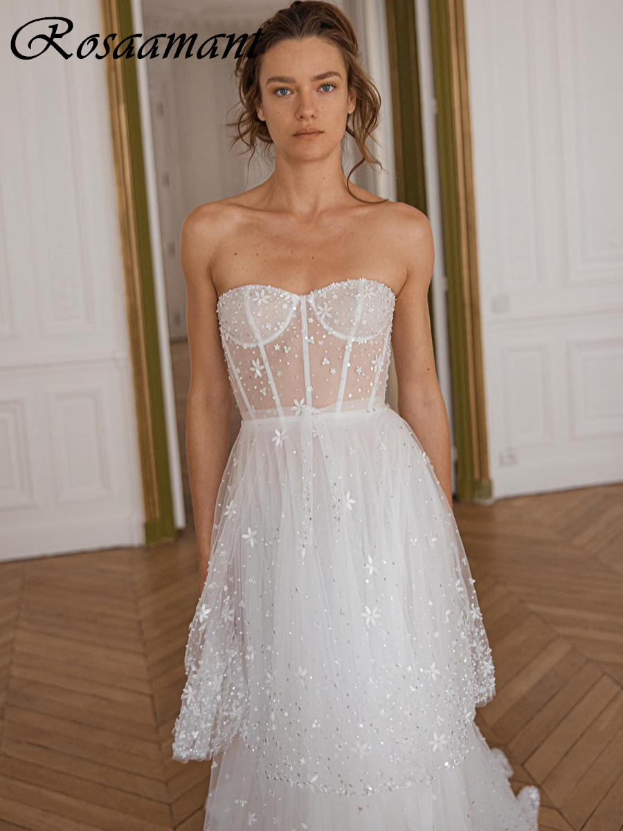 Glitter Crystal Beading Illusion Wedding Jurken A-Line Mouwloze 3D-bloemen Ruches Bruidsjurken Robe de Mariee
