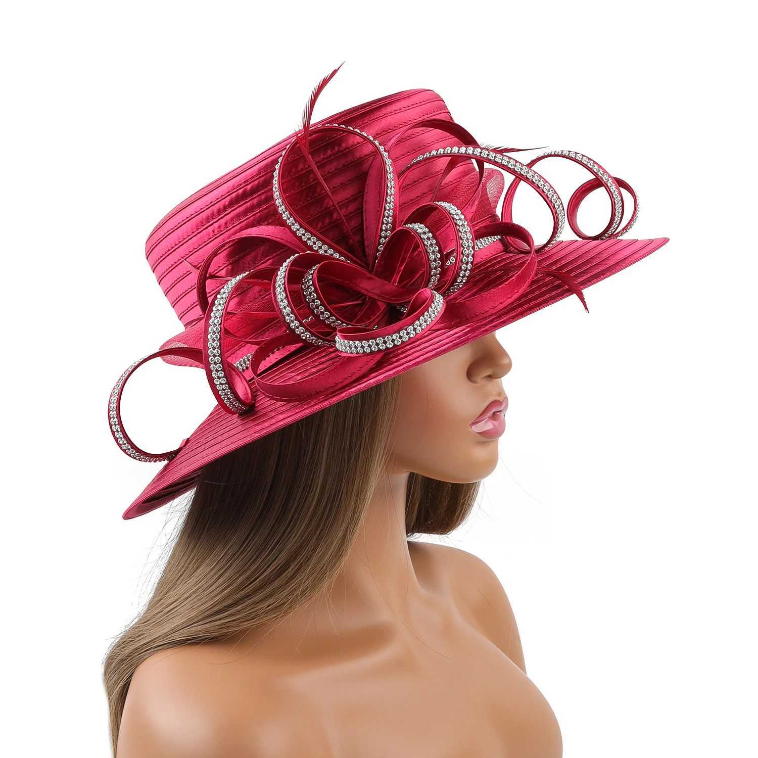 Breite Krempe Hüte Bucket Hats Atleisur Red Satin Cloth Hut Elegante Fotografie Hüte Kette Mode formelle Hut Maskerade Blume Hochzeit Top Hut für Damen Y240426