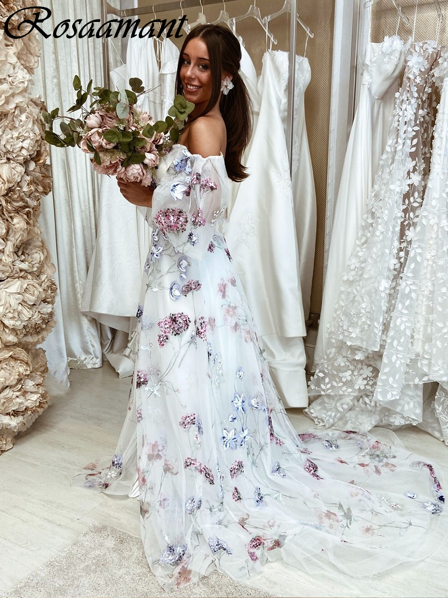 Abiti da sposa a maniche lunghe con stampa floreale da abiti da sposa spunti davanti alla spalla Robe de Mariee