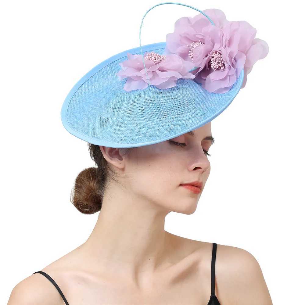 Chapéus de aba larga Chapéus de balde Mulheres fantasia Big Derby Hat Millinery Fascinators com Flores Chapéus Acessórios Ladies Cabeça da cabeça Moda Fedora Y240426