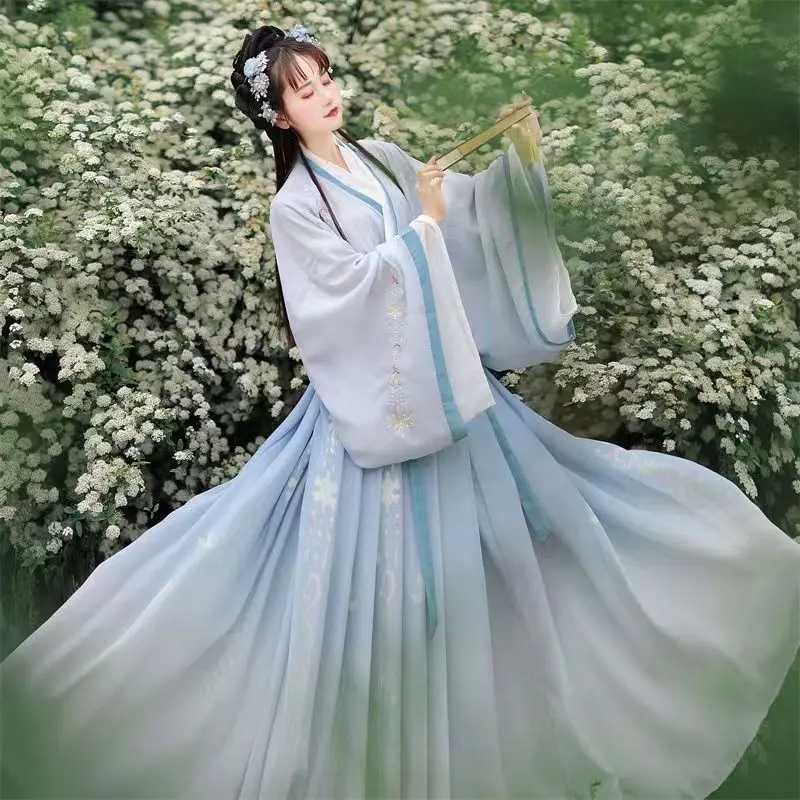 エスニック服hanfu女性中国の伝統的な刺繍ステージドレス女性妖精コスプレコスチュームハンフグラディエントブルーグリーン