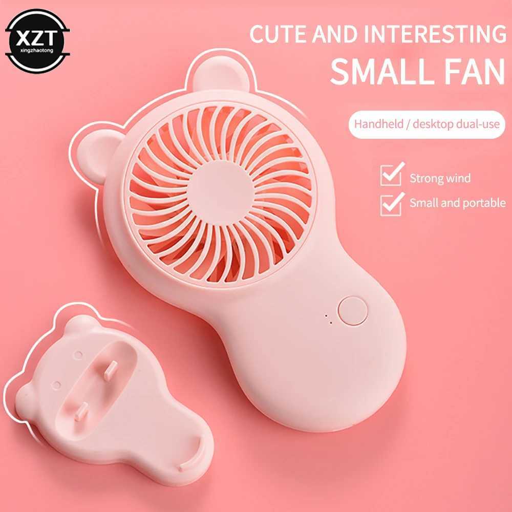 Electric Fans Cartoon Bear-Shaped Fan Handheld Mini Fan Portable Pocket USB Laddningsfläkt Summer Air Cooler Outdoor Travel Fan D240429