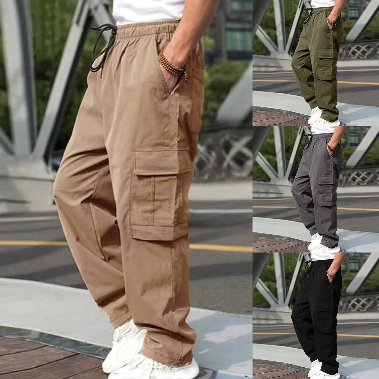 Мужские брюки мужские брюки с упругими поясами и шнурки несколько карманов хип-хоп расслабленные прямые брюки для ног J240429