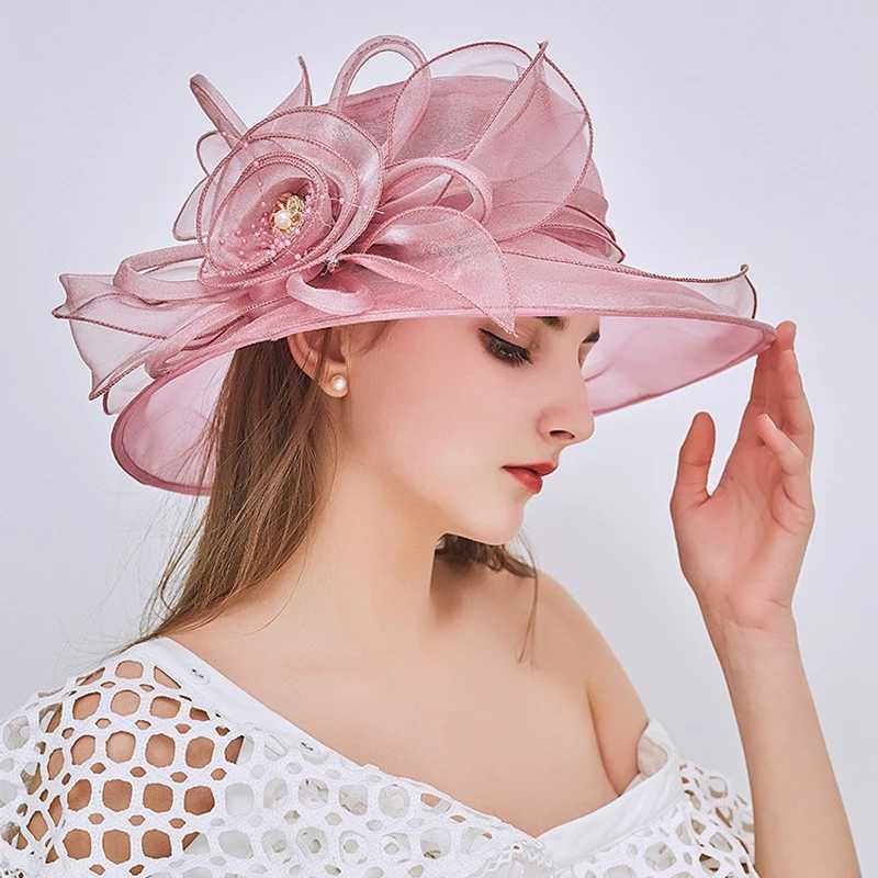Breda randen hattar hink hattar Sommar Organza Wide Brim Sunscreen Kentucky Derby Hats For Women Elegant Flower Sun Hat Church Wedding Party Folding Beach Hat Y240426