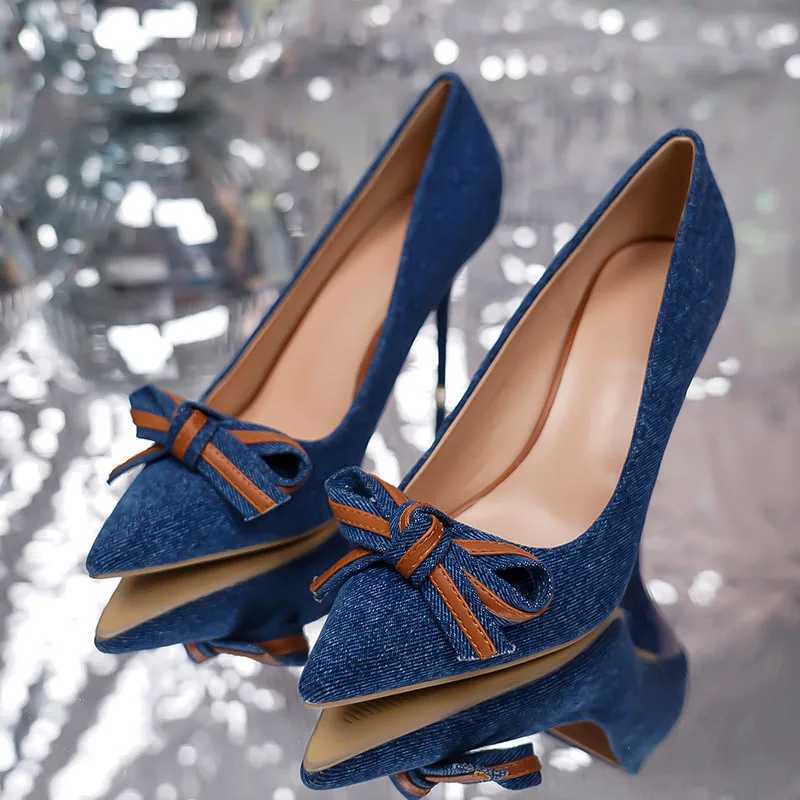 Chaussures habillées mode Denim bleu femmes pompes pointues chaussures minces talons hauts office dames arc conception de stiletto talons h240430
