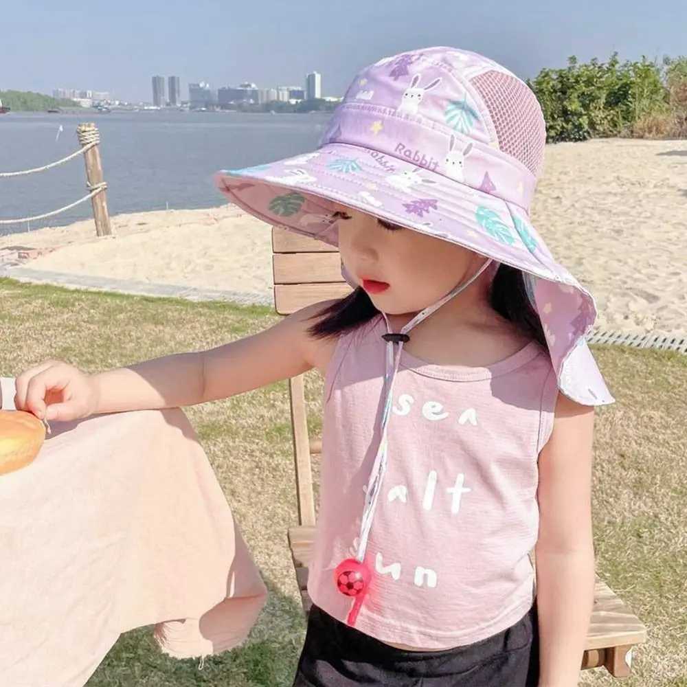 Caps Hats Childrens Eimer Hut mit Whistle Outdoor Polyester süßer Sonnenhut Atmungsaktives UV -Schutz Strandhut Baby Mädchen Boyl240429