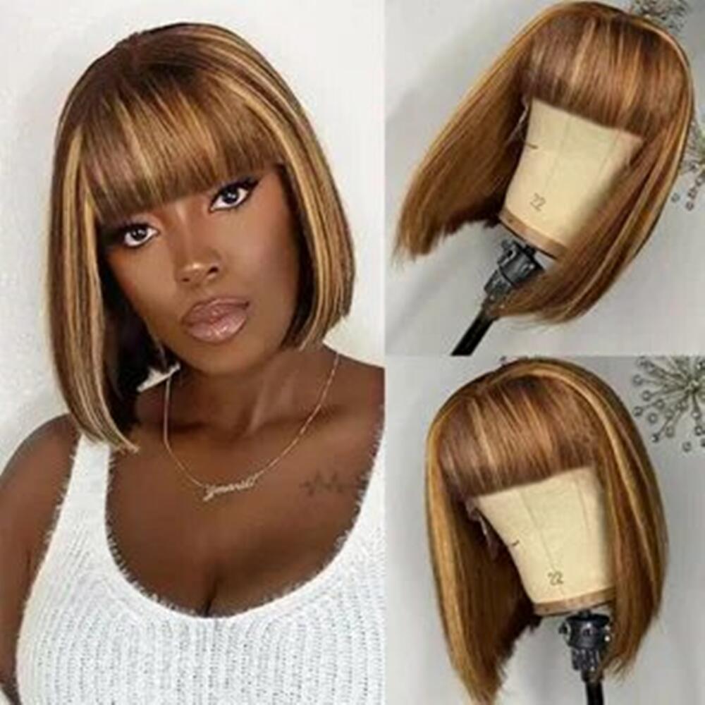 Short Bob Wig With Bangs 100% Brazilian Human Hair Straight 10 Inch Ombre Brown With Blonde Highlights 4/27 130% Density Glueless Machine Made With Razor Comb With Wig Cap