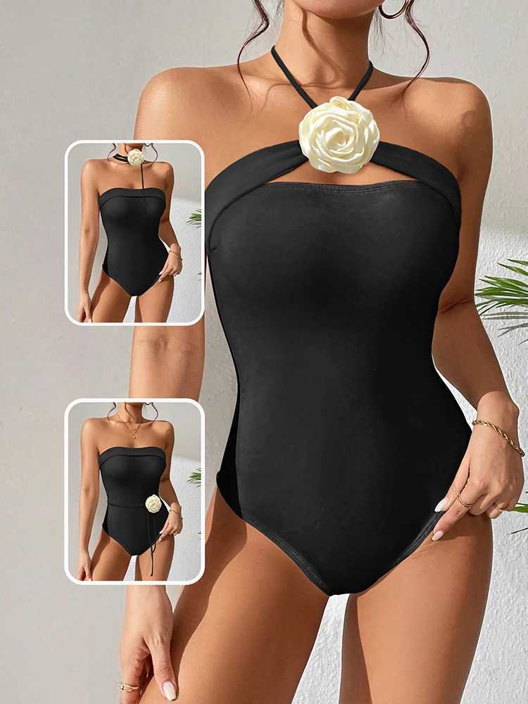 Kvinnors badkläder Peachtan Black One Piece Swimsuit Woman 2023 Luxury Bandeau Swimwear Korea Style Brud Swimsuit Beachwear Monokini Bodysuit Y240429