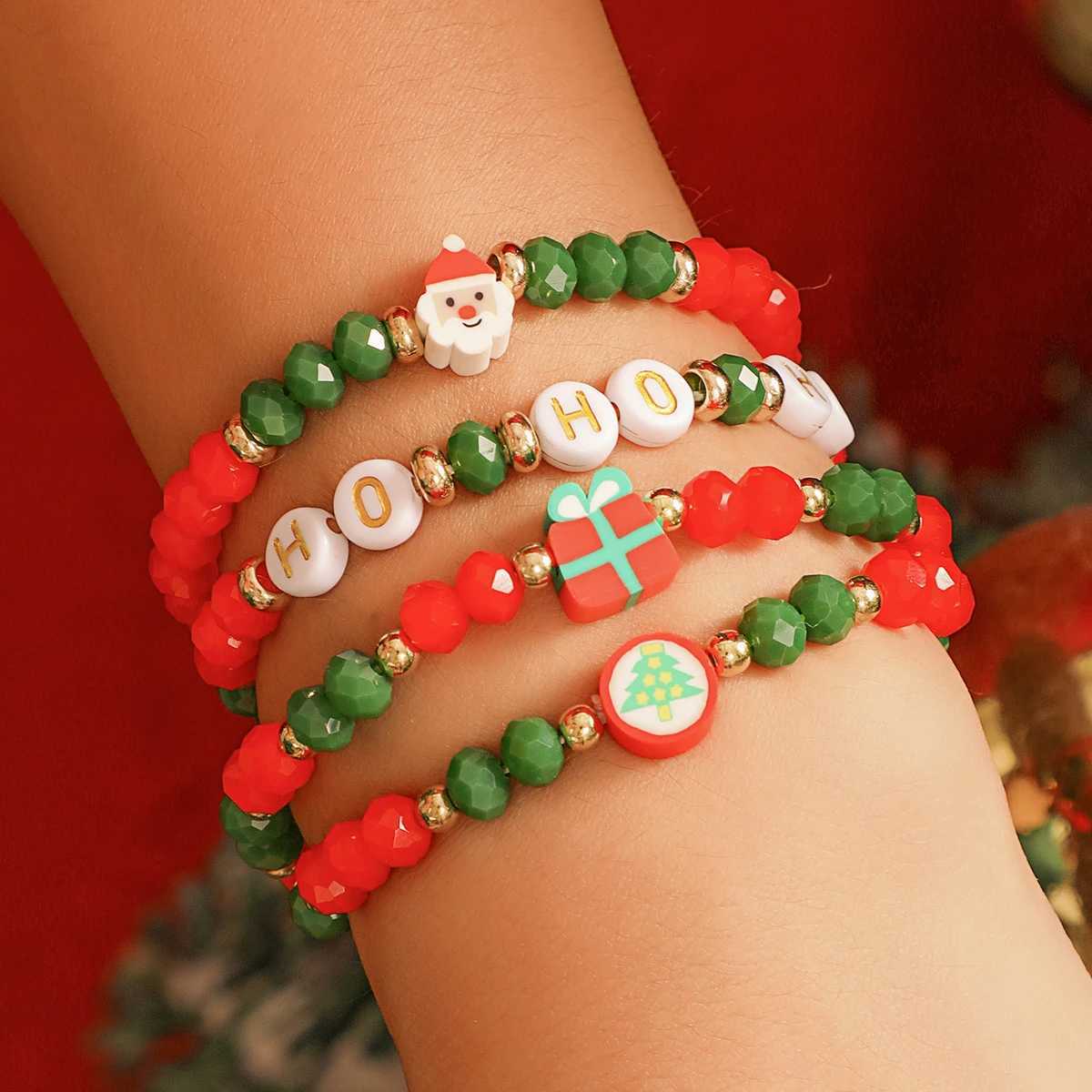 Kedja Salircon Bohemian 4st Red Green Crystal Beads Pärled Armband Trend Soft Clay Santa Claus Armband Women's Christmas Jewelryl24