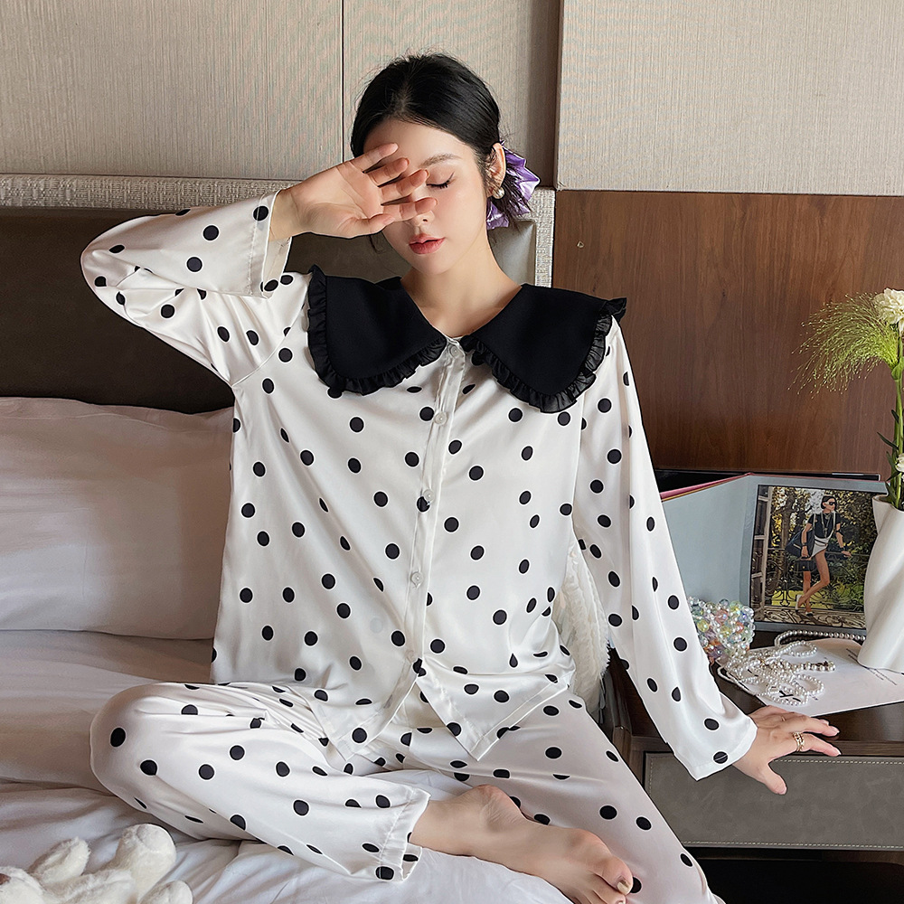 Våren nya pyjamas för kvinnor, is silk svart polka dot hemkläder, mjuka och bekväma